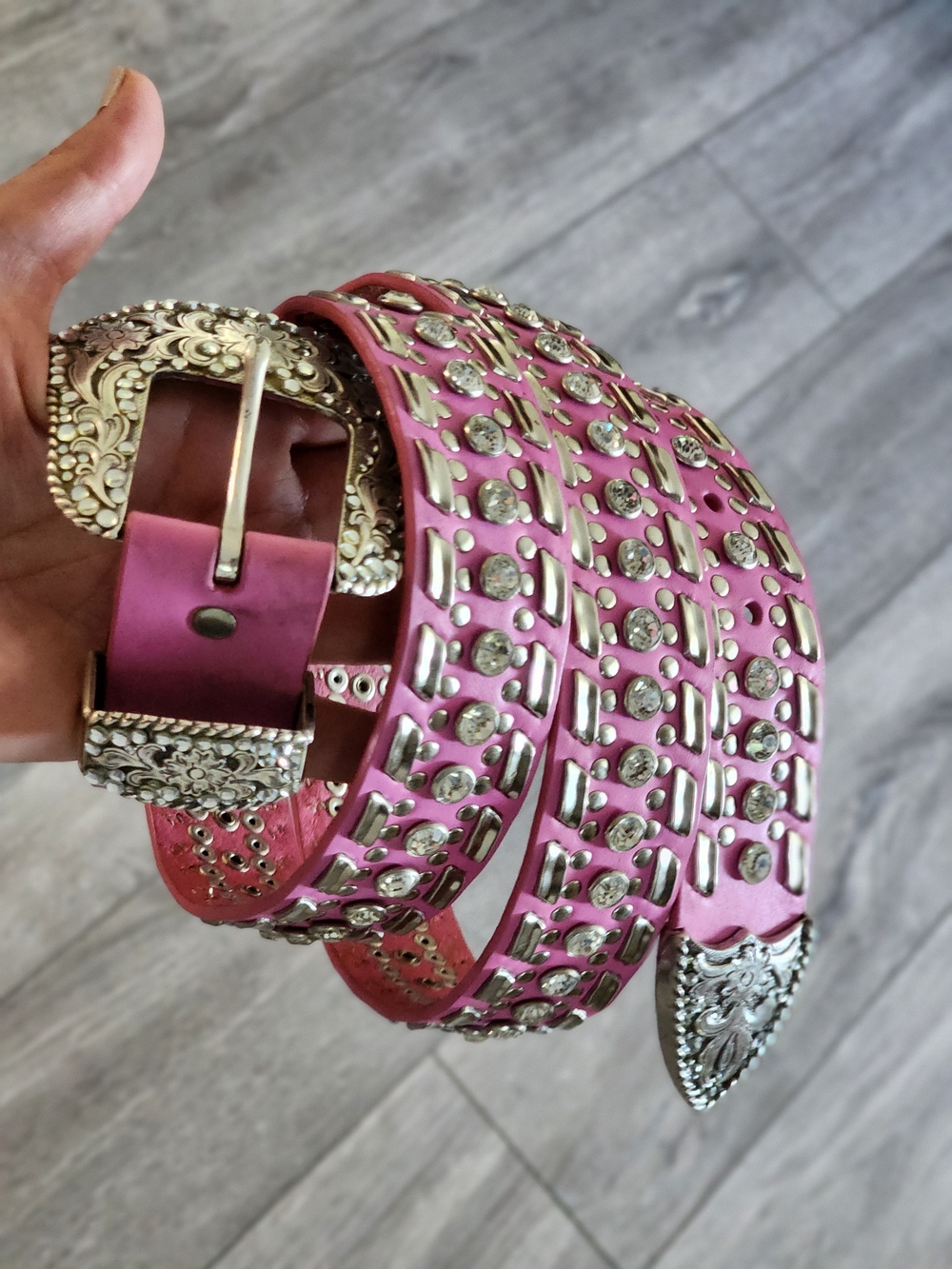 Pink Western Bling Studded Genuine Leather Belt Ornate Silver Buckle XXL 47" - Picture 4 of 8